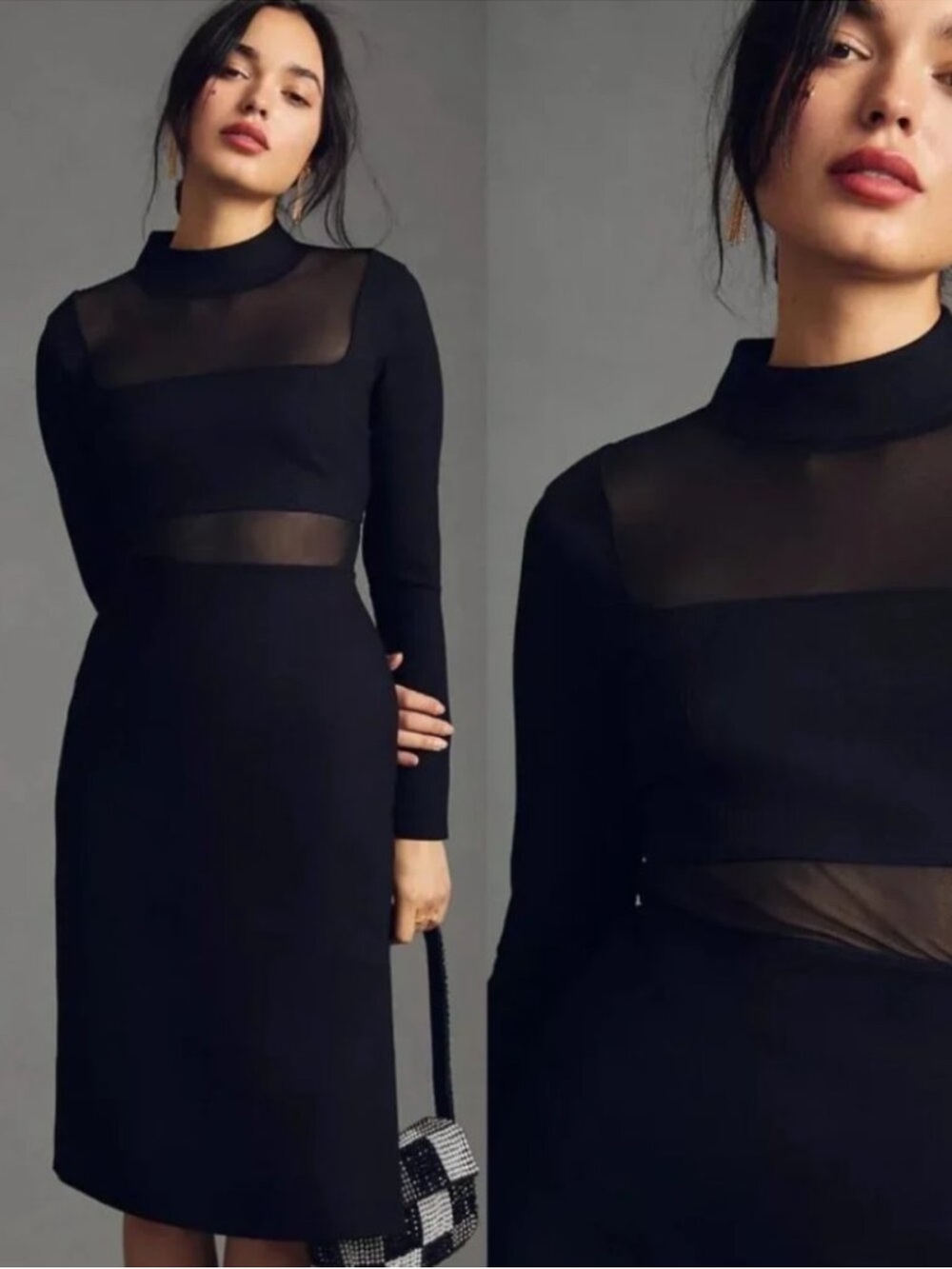 Anthropologie Black Sheer-Panel Long Sleeve Midi Dress